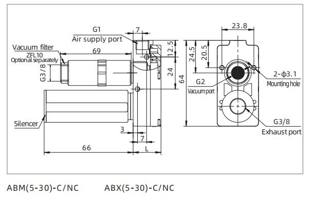 ABM/ABX Series Mini Vacuum Generator Dimensions