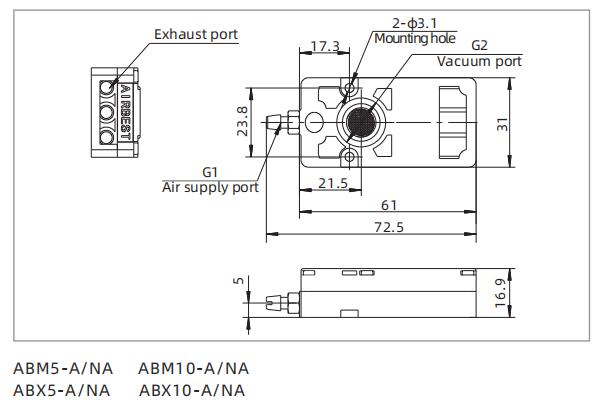ABM/ABX Series Mini Vacuum Generator Dimensions