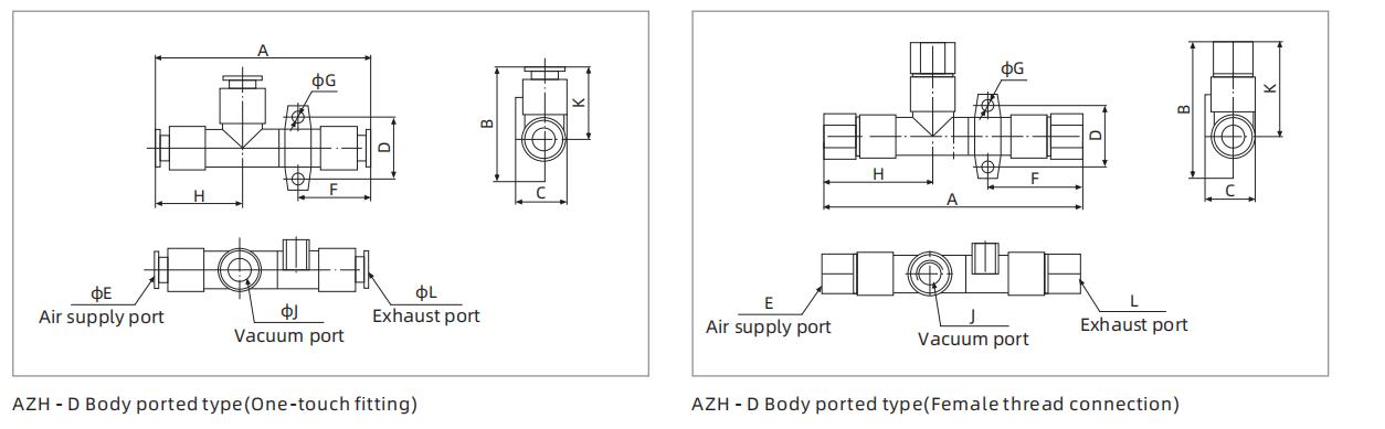 Azh Series Basic Vacuum Generator Dimensions