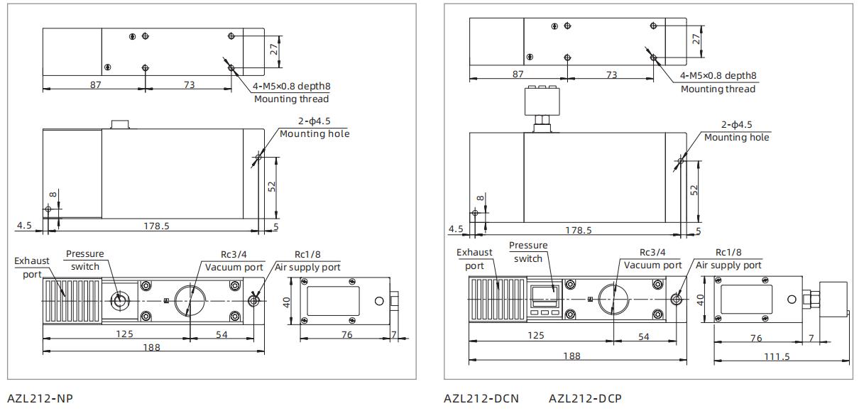 AZL Series Multistage Vacuum Generator Dimensions