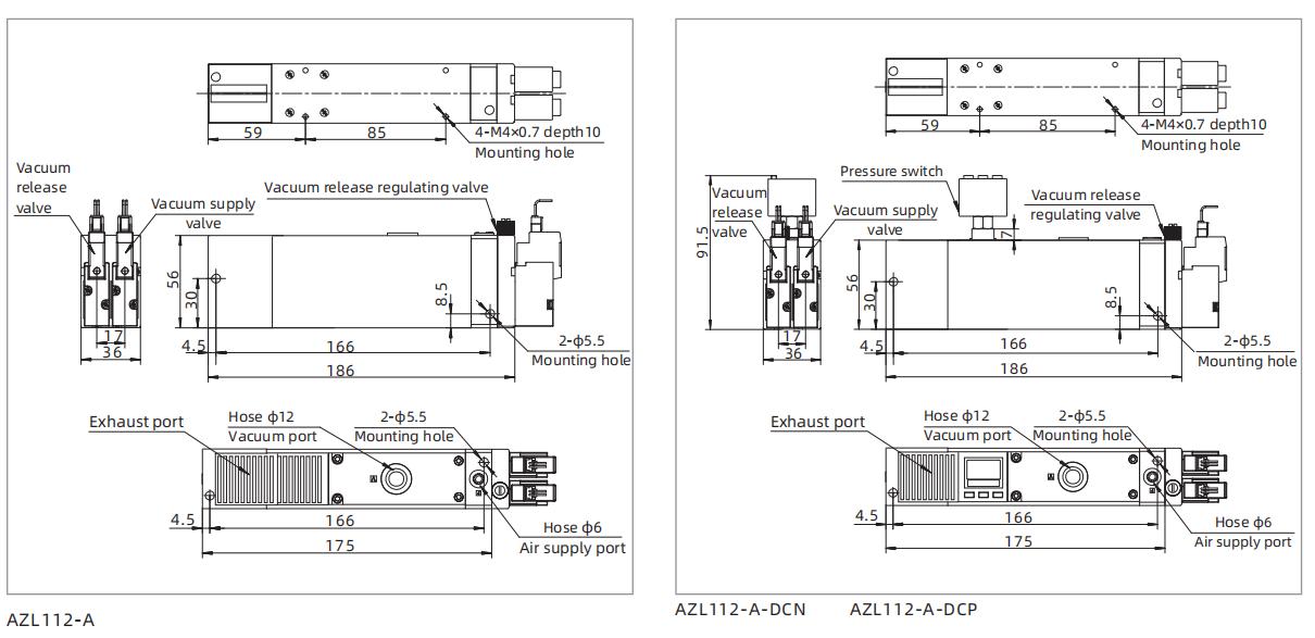 AZL Series Multistage Vacuum Generator Dimensions