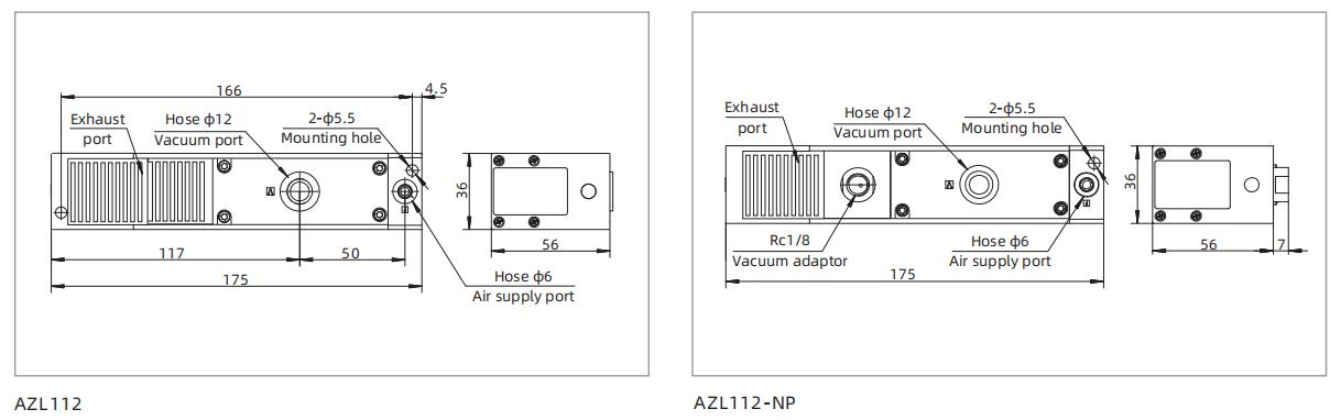 AZL Series Multistage Vacuum Generator Dimensions