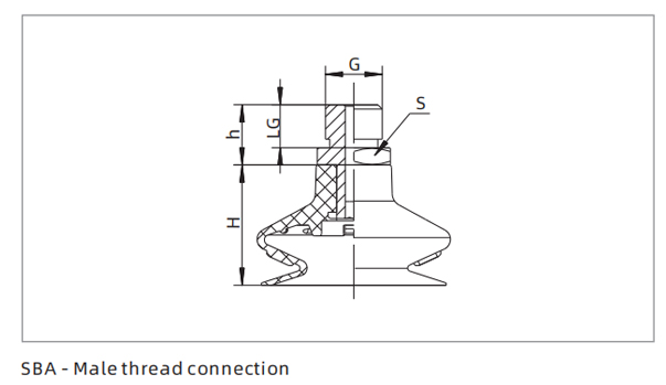 Dimensions 1.5 Bellows Suction Cup SBA-Male Thread Connection