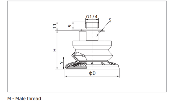 Dimensions 1.5 Bellows Suction Cup Special for Metal M-Male thread