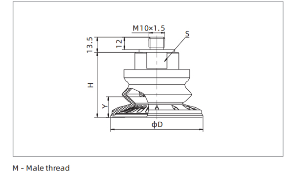 Dimensions 1.5 Bellows Suction Cup Special for Metal M-Male