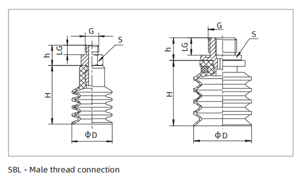 Dimensions 4.5 Bellows Suction Cup SBL-Male Thread Connection