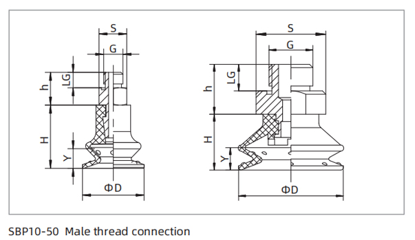 Dimensions PU Bellows Suction Cup SBP10-50 Male Thread Connection