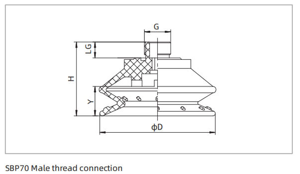 Dimensions PU Bellows Suction Cup SBP70 Male Thread