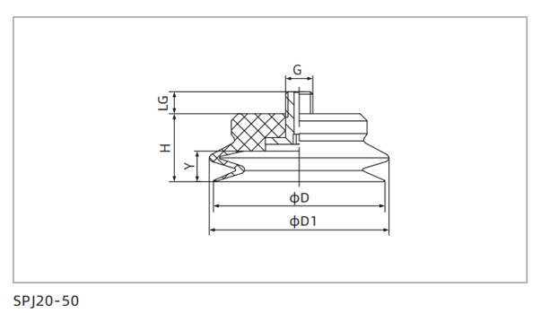 Dimensions Bellows Suction Cup SPJ20-50 Series