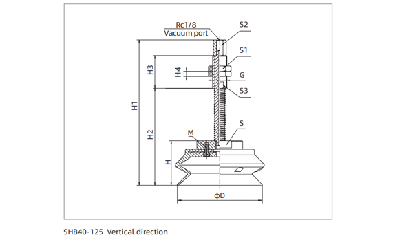 Dimensions Heavy Load Bellows Suction Cup SHB40-125 Vertical Direction