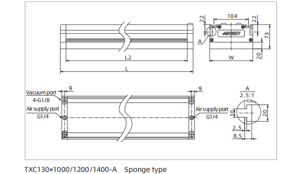 Dimensions Vacuum Gripper-Vacuum Generator Standard Type TXC130×1000/1200/1400-A Sponge type
