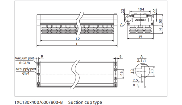 Dimensions Vacuum Gripper-Vacuum Generator Standard Type TXC130×400/600/800-B Suction Cup Type
