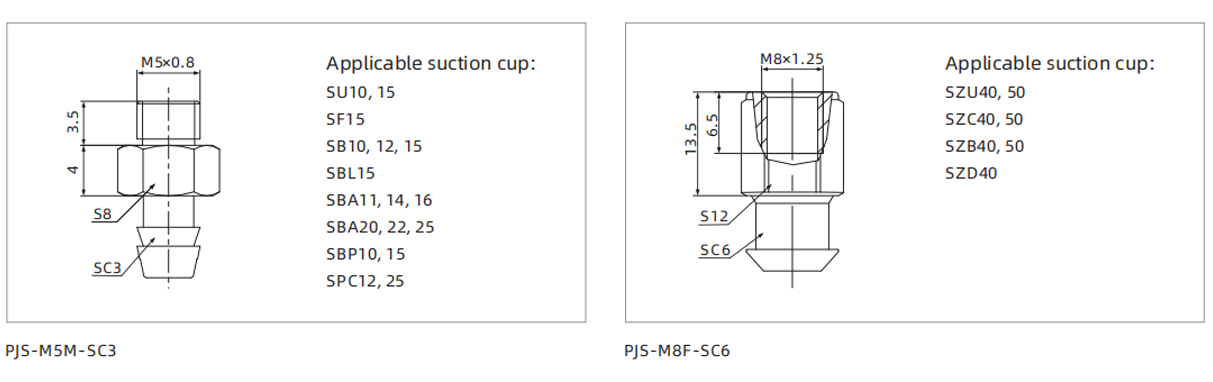 Dimensions PJS Series Fitting for Suction Cup SC3 SC6