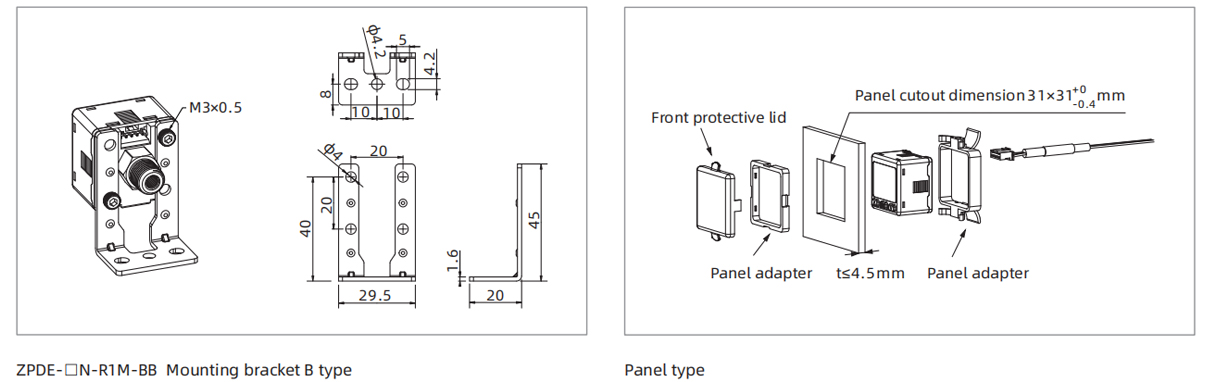 Dimensions ZPDE Series High-precision Digital Pressure Switch ZPDE-N-R1M-BB Mounting Bracket B Type