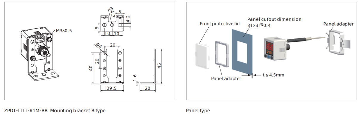 Dimensions ZPDT Series High-precision Digital Pressure Switch R1M-BB Mounting Bracket B Type